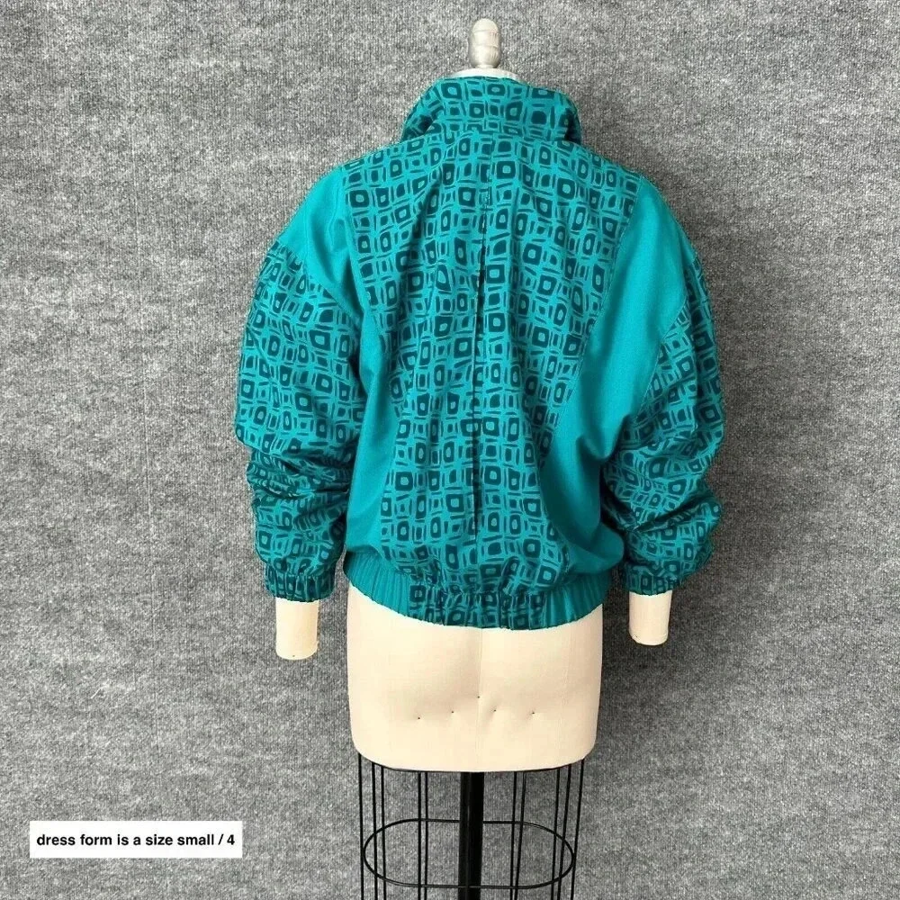 Vintage 90s LBH Windbreaker Womens Medium Teal Green Geometric Sporty Jacket - Picture 2 of 16
